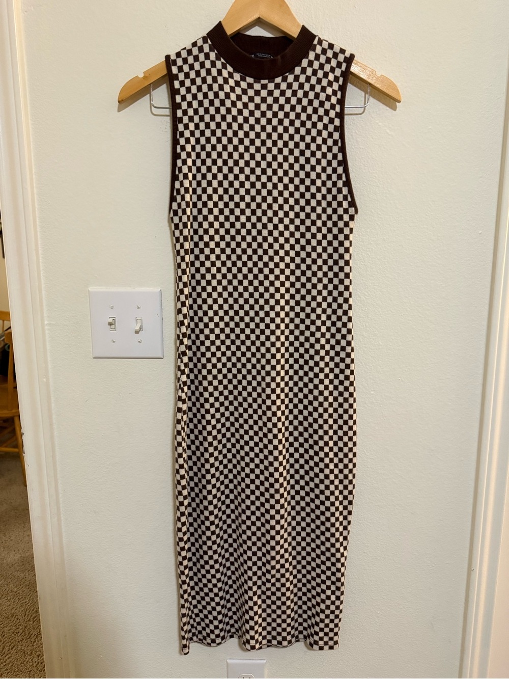 Zara Sleeveless Checkerboard Midi Dress in Brown and Cream